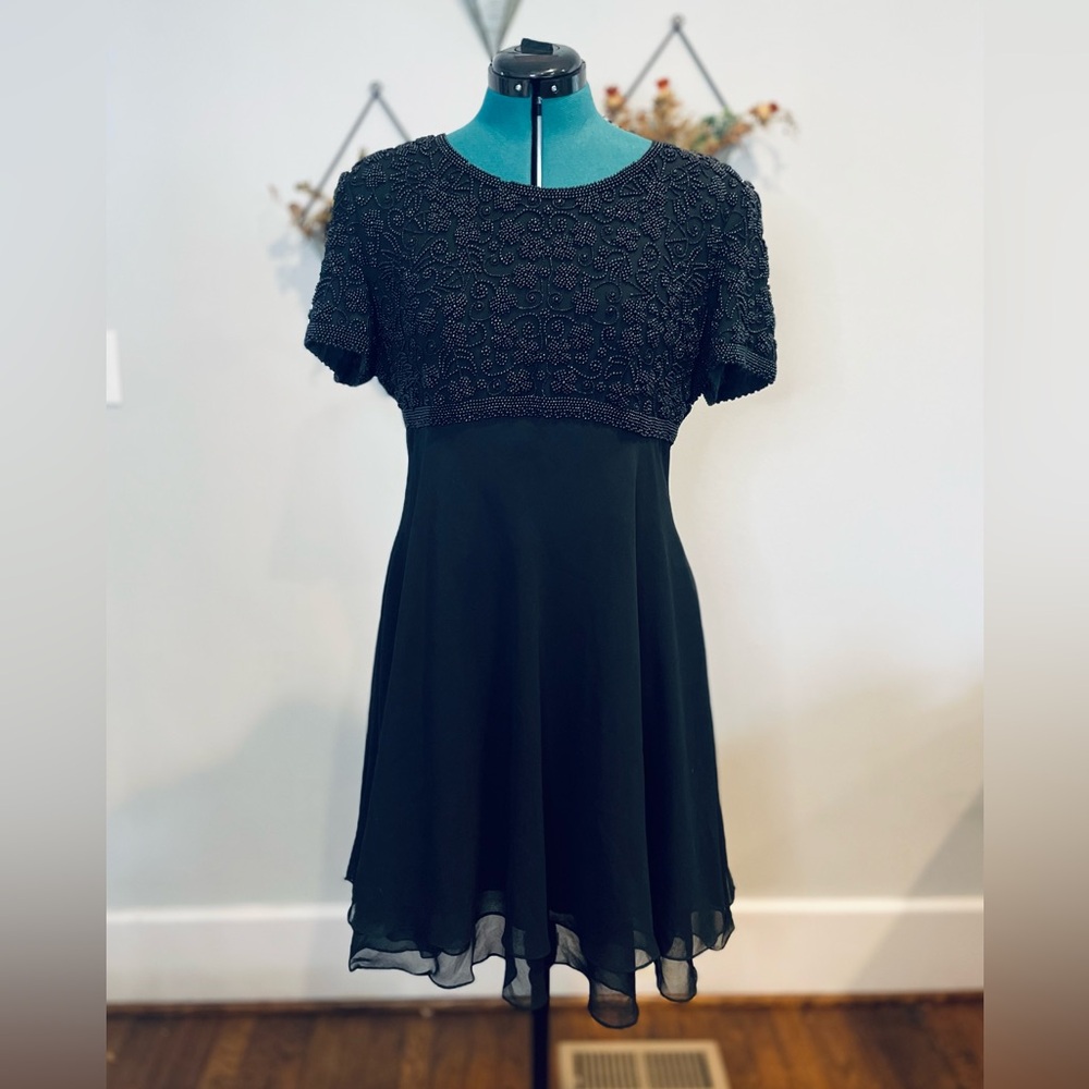 Laurence Kazar Black Cocktail Dress with Short Sleeve and Floral Beading